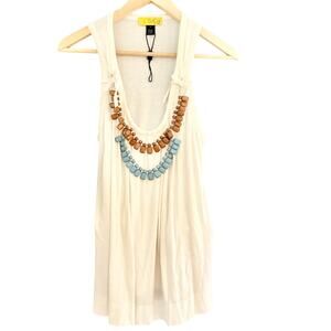 SoCa by St. John Embellished Tank Top Medium White Jeweled Statement Neckline